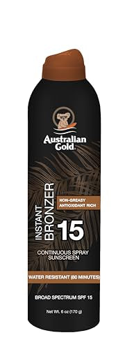 Crème solaire en spray continu Australian Gold avec bronzant instantané SPF 15, éclat immédiat et séchage rapide, large spectre, résistante à l'eau, non grasse, sans oxybenzone, non testée sur les animaux, 170 ml