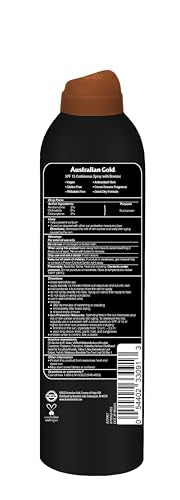Crème solaire en spray continu Australian Gold avec bronzant instantané SPF 15, éclat immédiat et séchage rapide, large spectre, résistante à l'eau, non grasse, sans oxybenzone, non testée sur les animaux, 170 ml