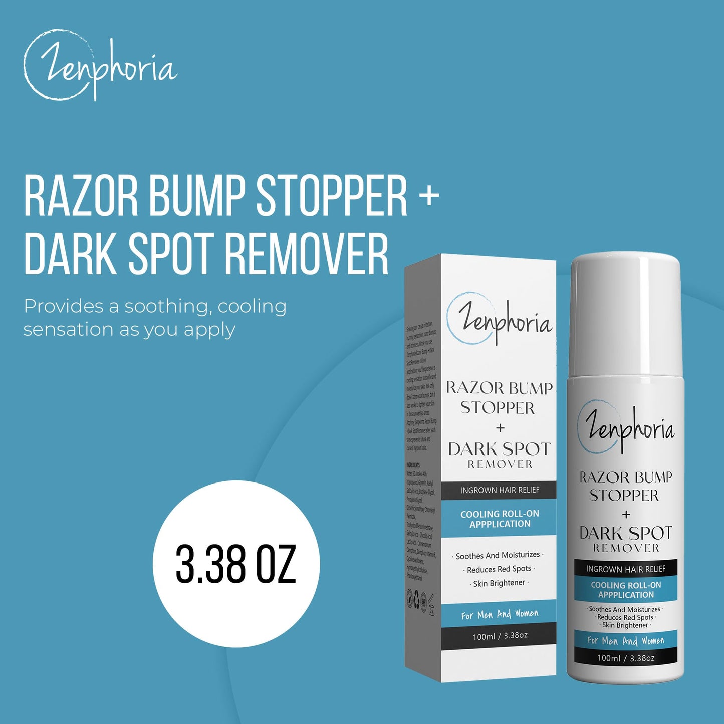 Zenphoria Razor Bump Stopper + Anti-taches brunes, traitement des poils incarnés et après-rasage à bille, soulagement du feu du rasoir, solution pour les lignes du maillot, roll-on rafraîchissant unisexe, 96 g