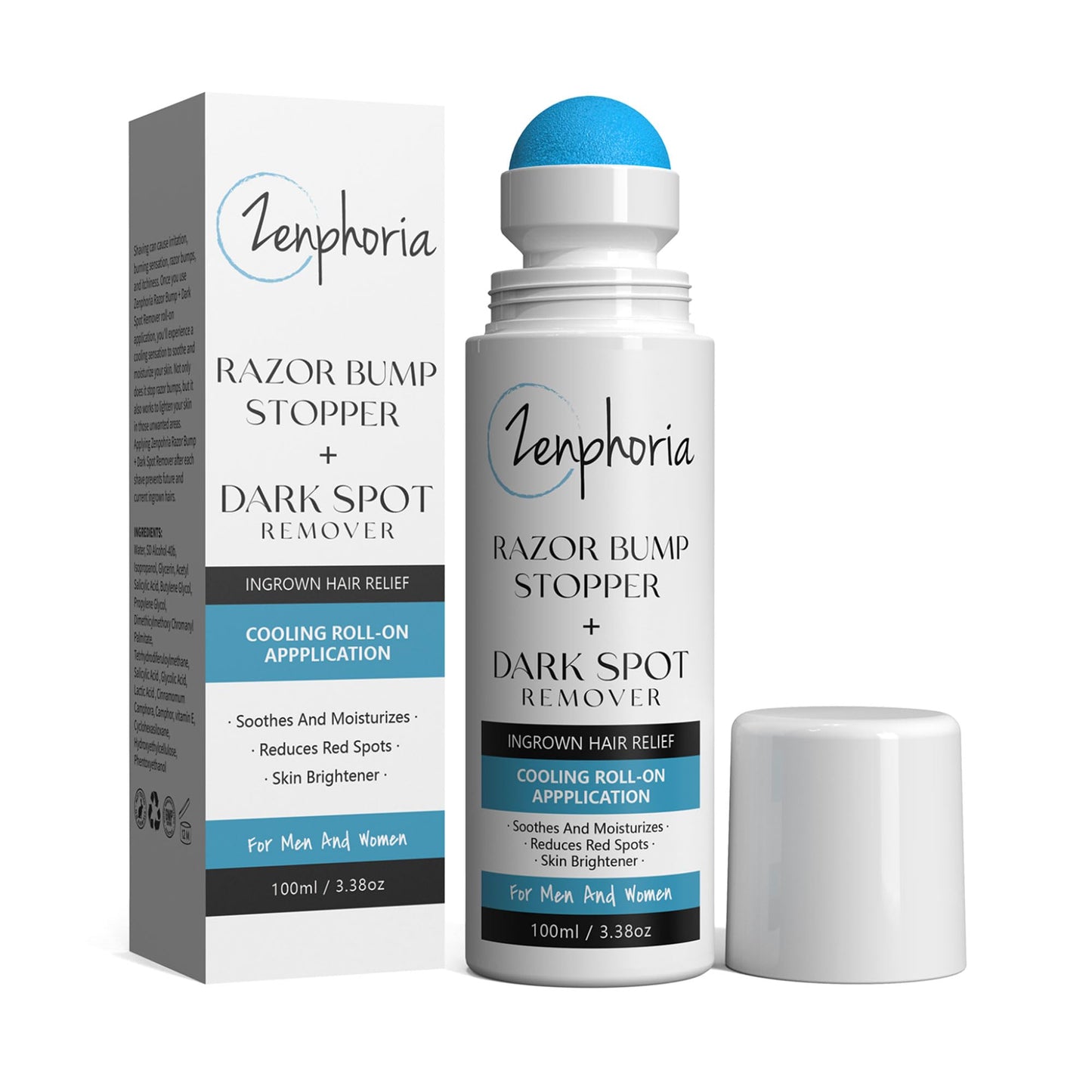 Zenphoria Razor Bump Stopper + Anti-taches brunes, traitement des poils incarnés et après-rasage à bille, soulagement du feu du rasoir, solution pour les lignes du maillot, roll-on rafraîchissant unisexe, 96 g