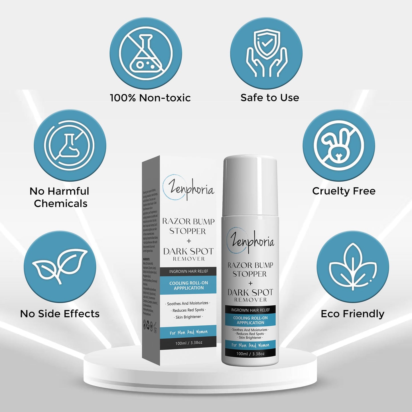 Zenphoria Razor Bump Stopper + Anti-taches brunes, traitement des poils incarnés et après-rasage à bille, soulagement du feu du rasoir, solution pour les lignes du maillot, roll-on rafraîchissant unisexe, 96 g
