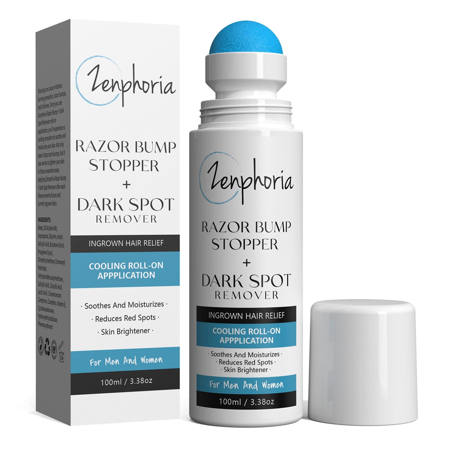 Zenphoria Razor Bump Stopper + Anti-taches brunes, traitement des poils incarnés et après-rasage à bille, soulagement du feu du rasoir, solution pour les lignes du maillot, roll-on rafraîchissant unisexe, 96 g