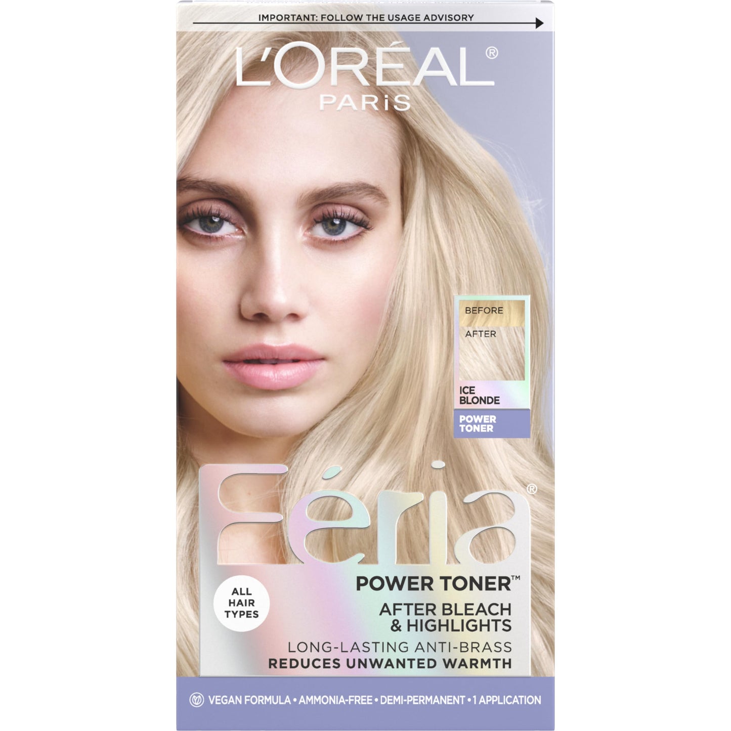 L’Oréal Paris Feria Long-Lasting Anti Brass Power Hair Toner, Ammonia Free Demi Permanent Hair Color, Ice Blonde Hair Toner, 1 Application