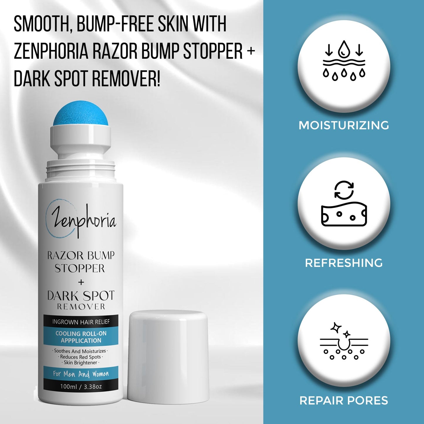 Zenphoria Razor Bump Stopper + Anti-taches brunes, traitement des poils incarnés et après-rasage à bille, soulagement du feu du rasoir, solution pour les lignes du maillot, roll-on rafraîchissant unisexe, 96 g