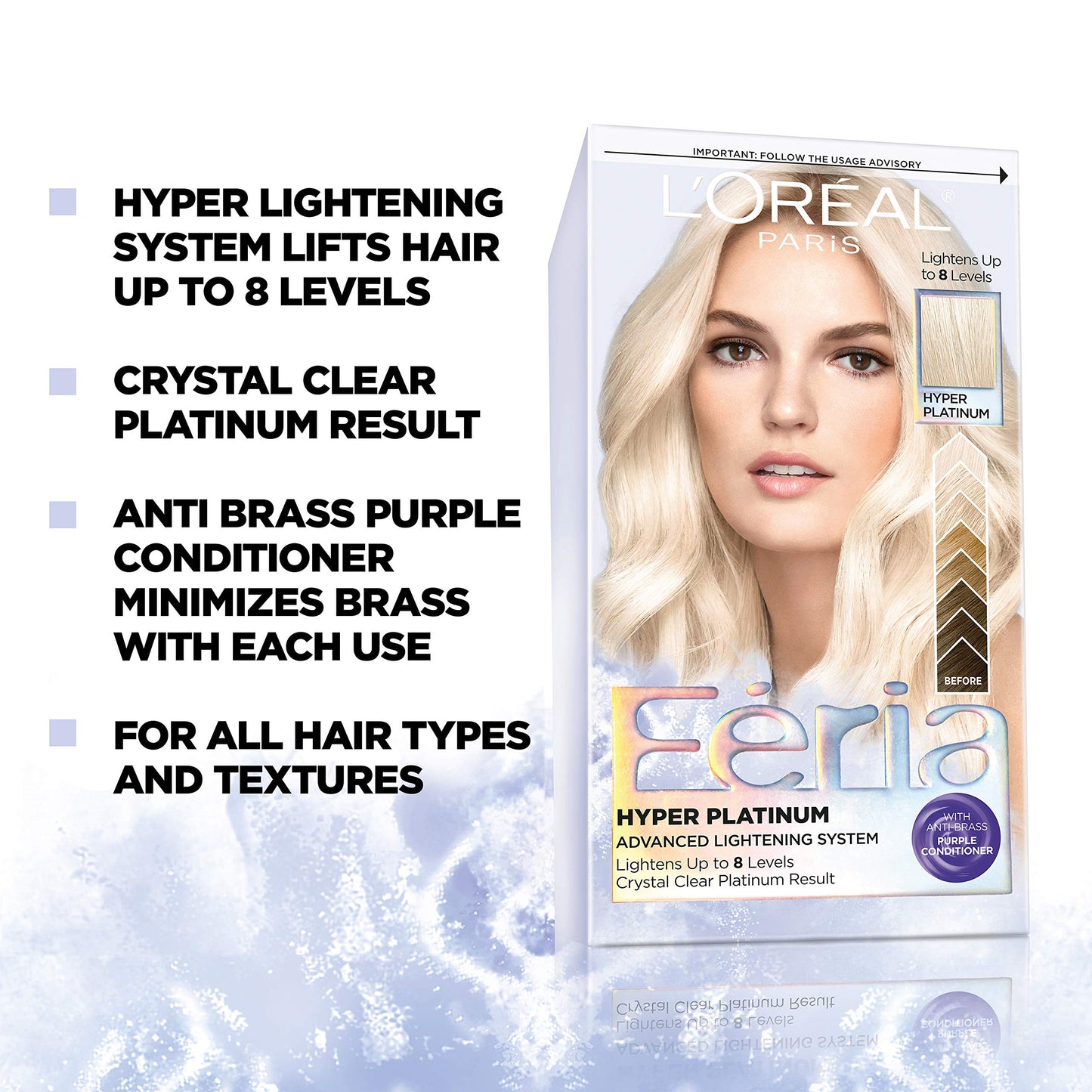 L’Oréal Paris Feria Hyper Platinum Advanced Lightening System Hair Bleach, Lifts Up To 8 Levels, Includes Anti Brass Purple Conditioner, 1 Hair Dye Kit