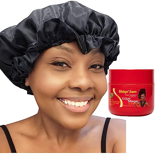 Zomac Satin Bonnet Bundled with AMPRO Shine N Jam Magic Fingers Edge Control for Braiders Extreme Hold 4oz (Black)
