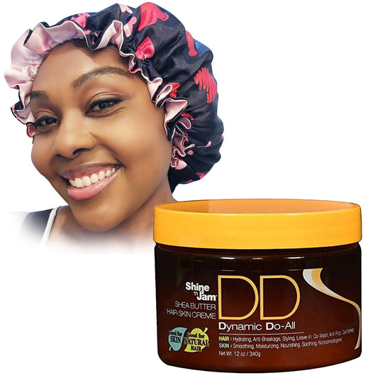 Zomac Satin Bonnet bundle with Ampro Shine N Jam Dynamic Do All - Shea Butter Cream for Hair and Skin, Black